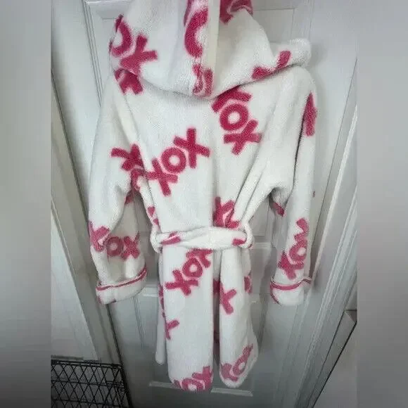Betsey Johnson XOX soft plush belted robe, white/pink, size S - Picture 7 of 9